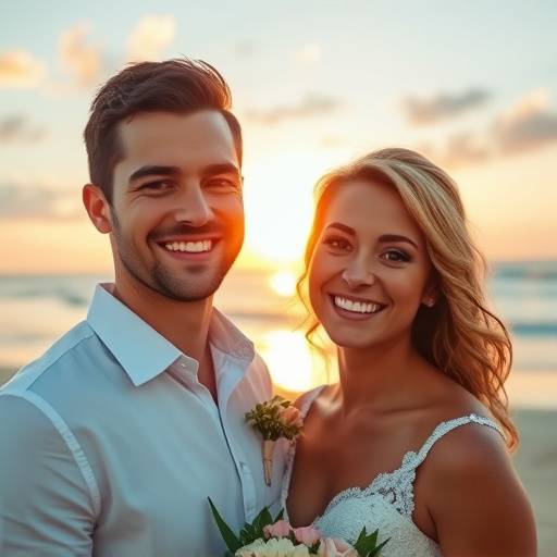 Foto de casamento na praia com noivos sorrindo.