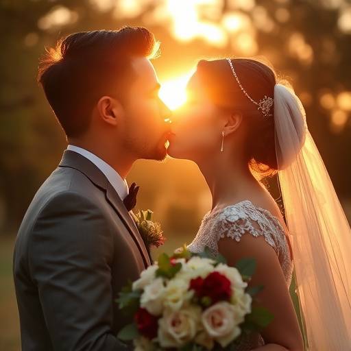 Foto de um casal se beijando apaixonadamente durante a cerimônia de casamento, com a luz do sol dourada.
