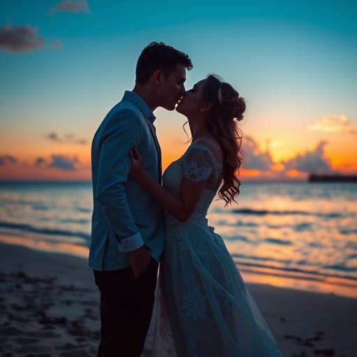 Fotografia de um casal recém-casado se beijando durante o pôr do sol na praia.