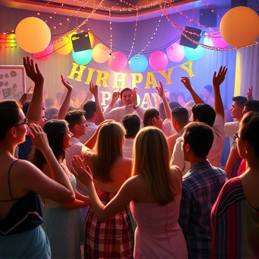 Imagem de uma festa de aniversário com pessoas danäando e celebrando, capturando a energia e a alegria do momento.