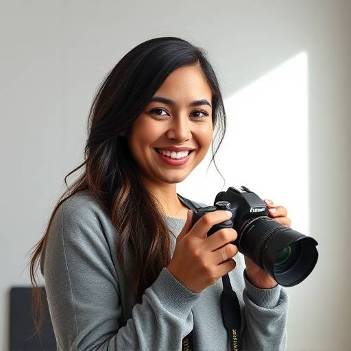 Retrato de Ana Carolina, fotógrafa do Estüdio Luz do Sol, sorrindo com uma câmera na mão.