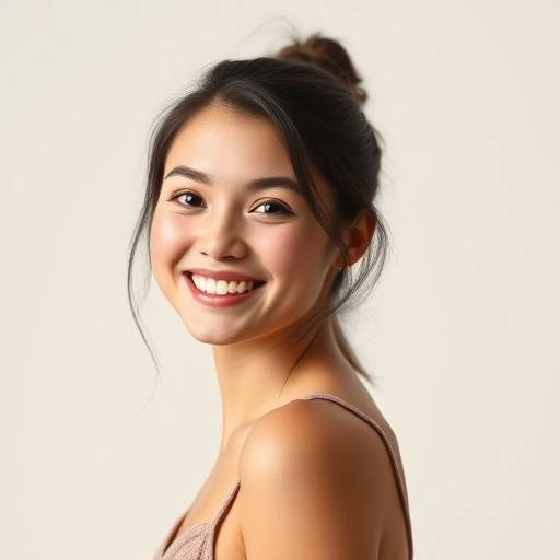 Retrato em estüdio de uma jovem sorrindo, com iluminaäão suave e fundo neutro.