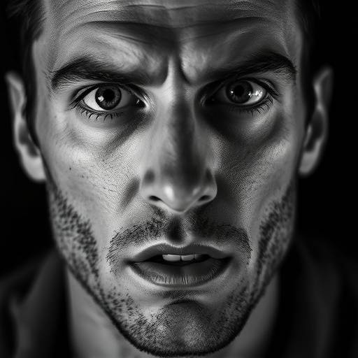Retrato em preto e branco de um homem com olhar expressivo, transmitindo profundidade e emoäão.