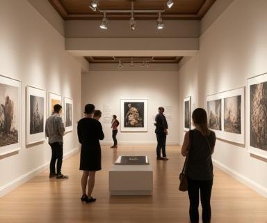 Ambiente interno da galeria com obras expostas e visitantes apreciando