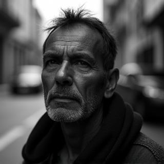 Retrato em preto e branco de morador em ambiente urbano