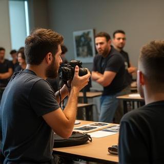 Workshop com alunos em sala de aula observando fotógrafo instrutor